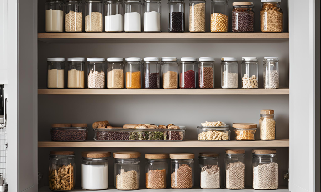 shelves with different types of food in glass jars